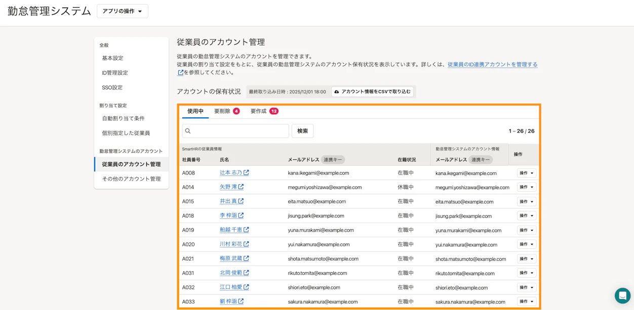 SmartHRのID管理機能の従業員アカウント管理画面。従業員ごとに在籍状況やメールアドレス、アカウントの使用状況（使用中・要削除・要作成）が一覧で表示されている。