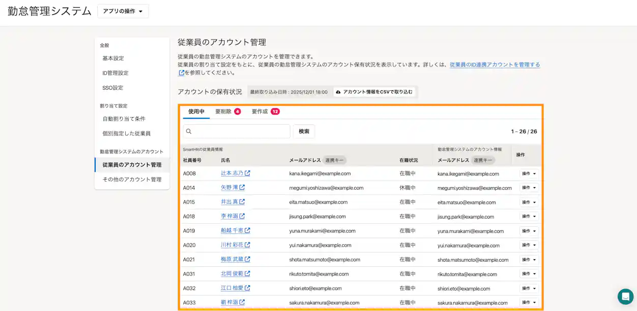 SmartHRのID管理機能の従業員アカウント管理画面。従業員ごとに在籍状況やメールアドレス、アカウントの使用状況(使用中・要削除・要作成)が一覧で表示されている。