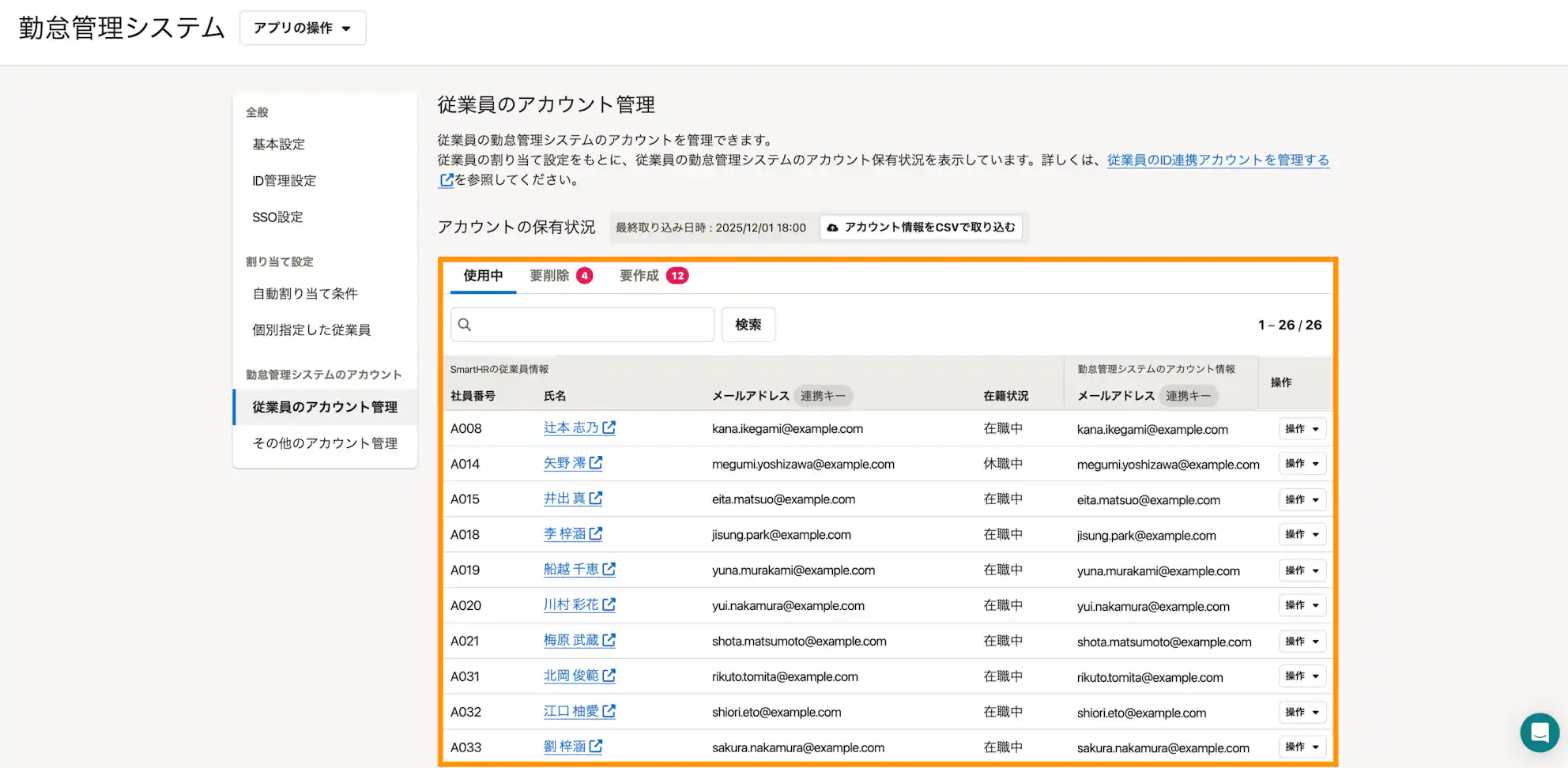 SmartHRのID管理機能の従業員アカウント管理画面。従業員ごとに在籍状況やメールアドレス、アカウントの使用状況(使用中・要削除・要作成)が一覧で表示されている。