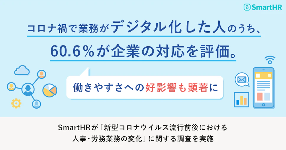 アイキャッチ、「コロナ禍で業務がデジタル化した人のうち、60.6%が企業の対応を評価。 働きやすさへの好影響も顕著に 〜 SmartHRが「新型コロナウイルス流行前後における人事・労務業務の変化」に関する調査を実施 〜」