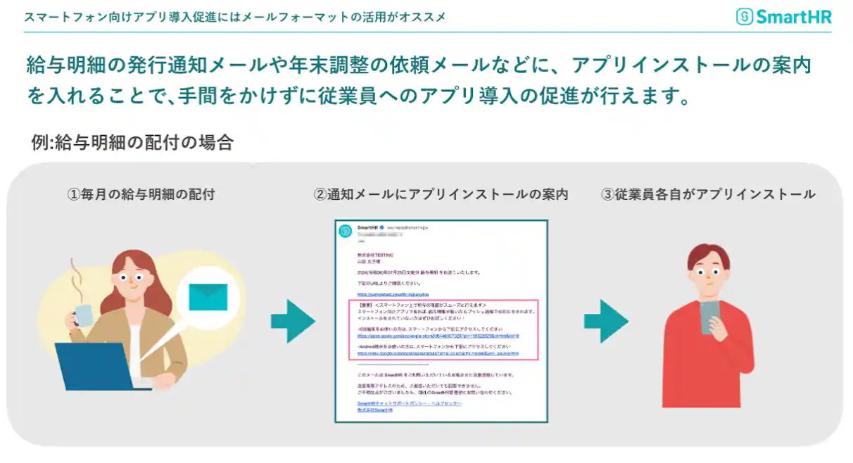 給与明細の発行通知メールや年末調整の依頼メールなどに、アプリインストールの案内を入れることで、手間をかけずに従業員へのアプリ導入の促進が行えます。
