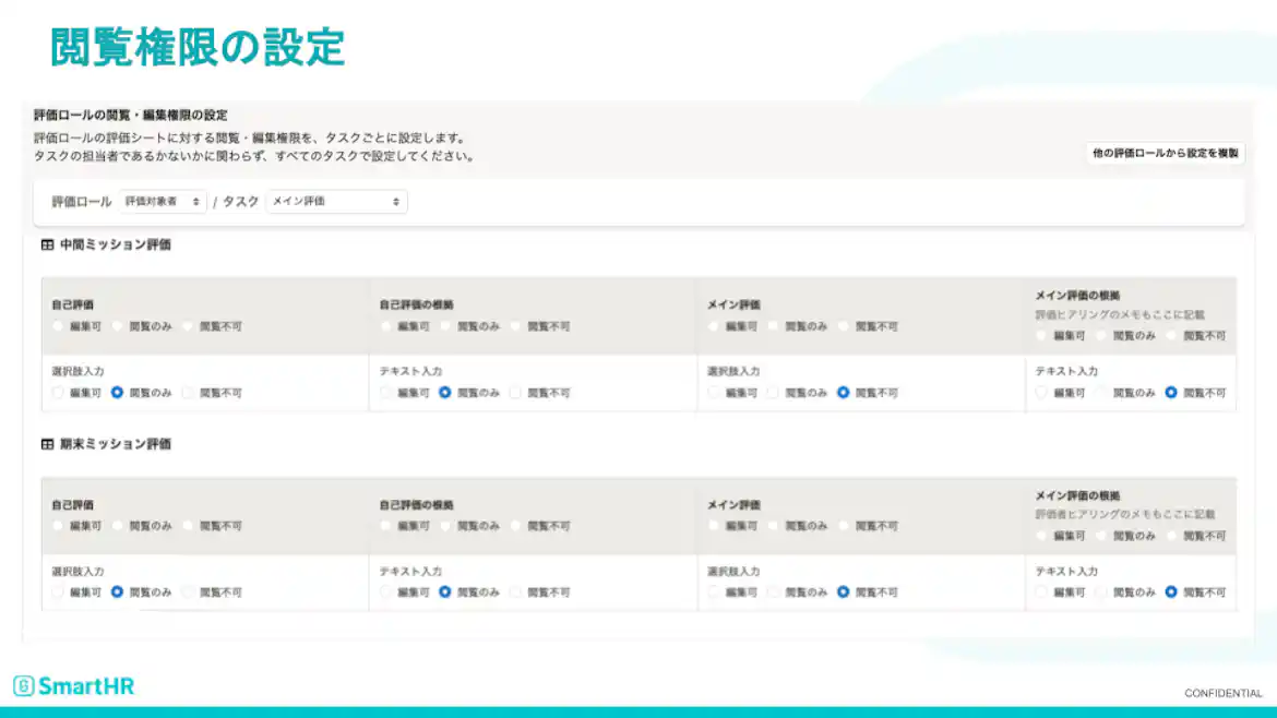 人事評価機能で、SmartHR社の評価タスクごとに、内容を閲覧・編集できる人を設定するイメージ。
