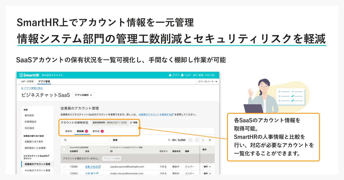 SmartHR上でアカウント情報を一元管理。情報システム部門の管理工数削減とセキュリティリスクを軽減。