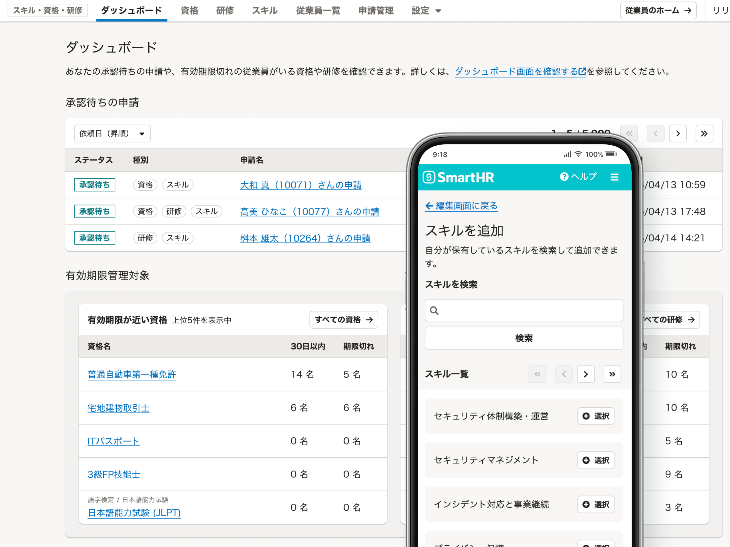 従業員のスキルや資格が一覧・可視化されている管理画面