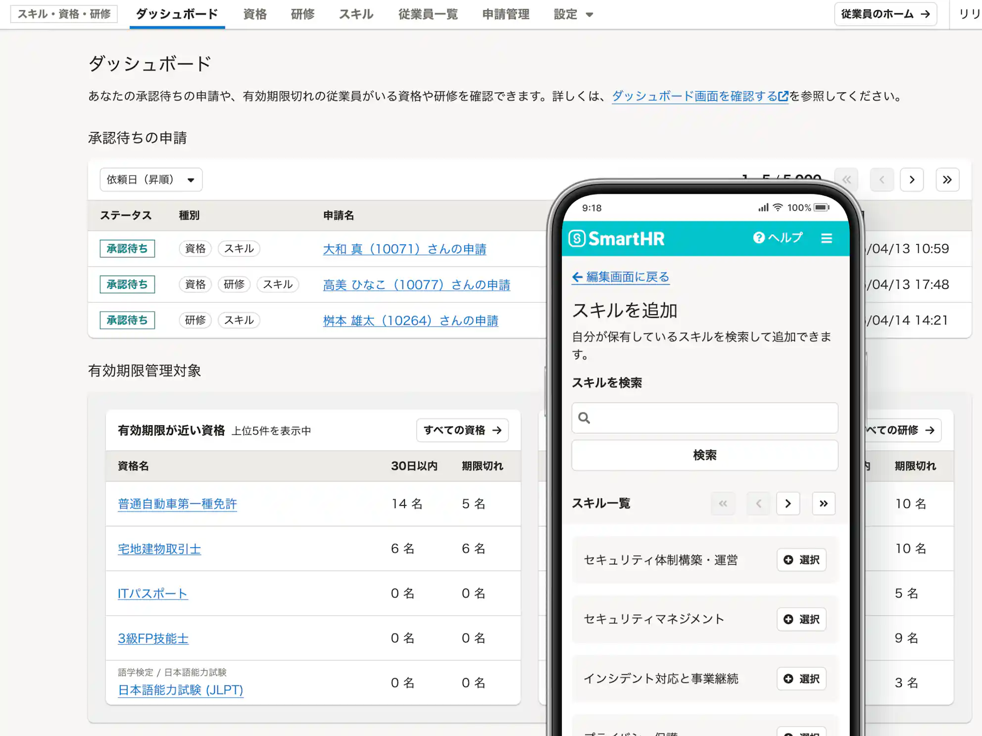 従業員のスキルや資格が一覧・可視化されている管理画面