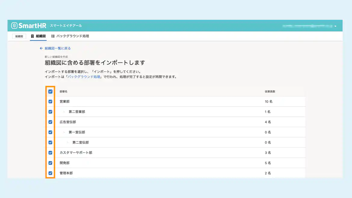 任意の部署単位で組織図を作成できる