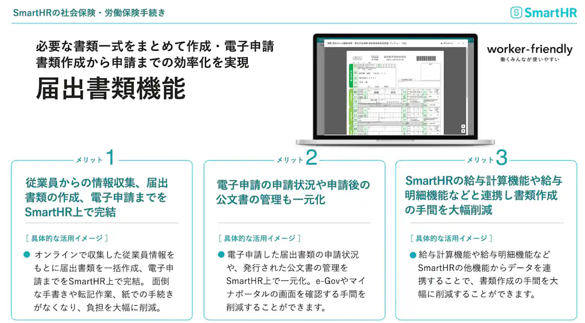 SmartHRの届出書類機能の紹介。書類作成から電子申請までを完結、申請状況や公文書の一元管理、他機能との連携による効率化という3つのメリットと具体的な活用イメージを解説。
