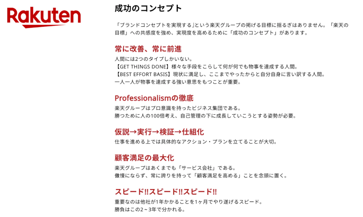 楽天グループのバリュー。「常に改善、常に前進」「「Professionalism」の徹底」「仮説→実行→検証→仕組化」「顧客満足の最大化」「スピード!!スピード!!スピード!!」