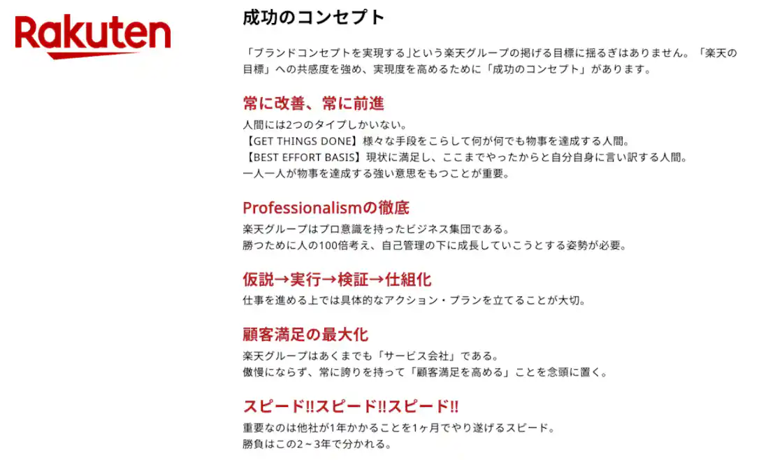 楽天グループのバリュー。「常に改善、常に前進」「「Professionalism」の徹底」「仮説→実行→検証→仕組化」「顧客満足の最大化」「スピード!!スピード!!スピード!!」