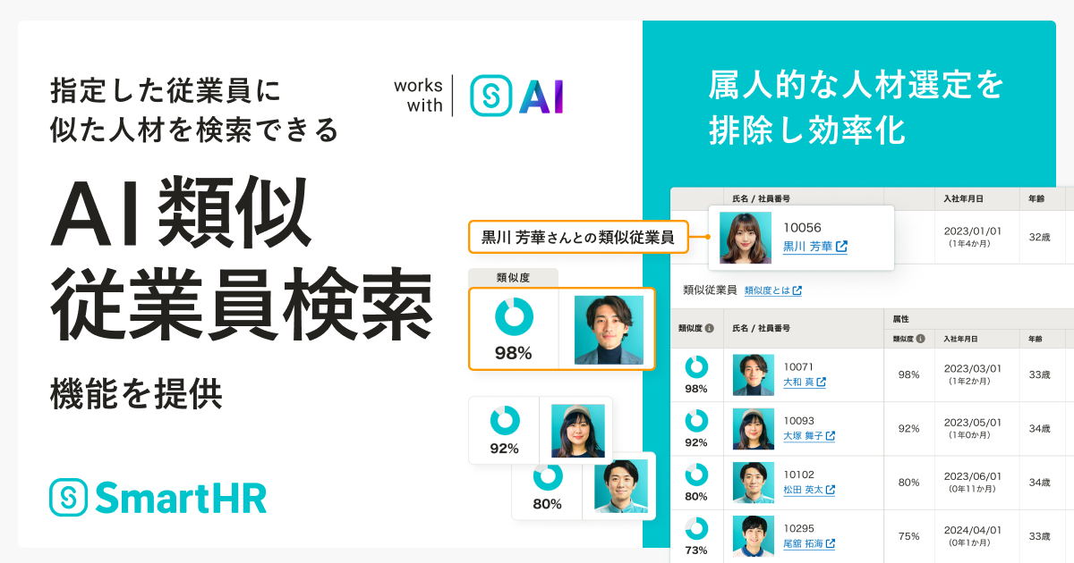 指定した従業員に似た人材を検索できる「AI類似従業員検索」機能を提供。右に機能画像