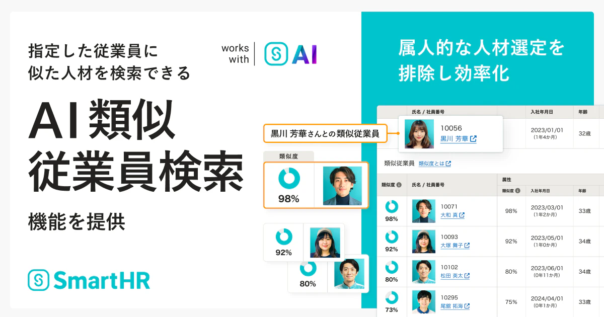 指定した従業員に似た人材を検索できる「AI類似従業員検索」機能を提供。右に機能画像