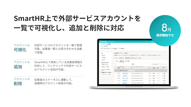 SmartHR上で外部サービスアカウントを一覧で可視化し、追加と削除に対応。ID管理機能のイメージ画像