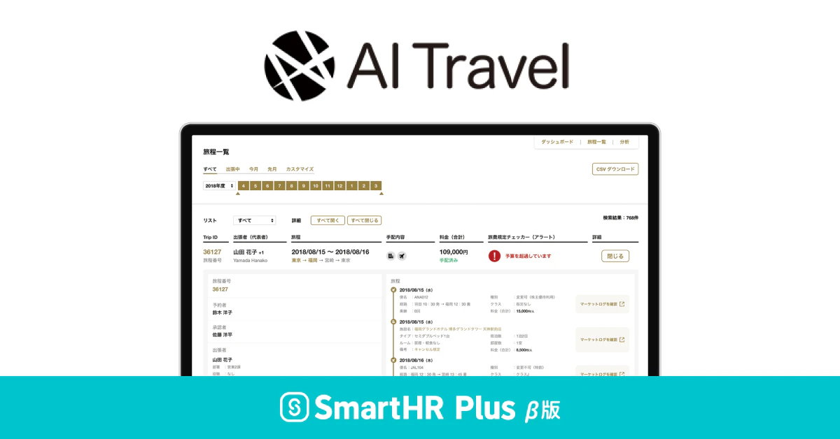 AI Travelのロゴ、実際の利用画面イメージ、SmartHR Plus β版のロゴがあるアイキャッチ画像