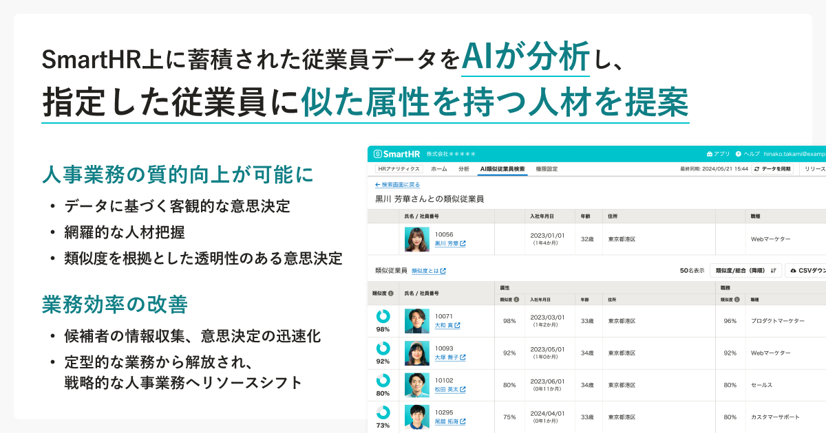 SmartHR上に蓄積された従業員データをAIが分析し、指定した従業員に似た属性を持つ人材を提案。右にプロダクト画像。
