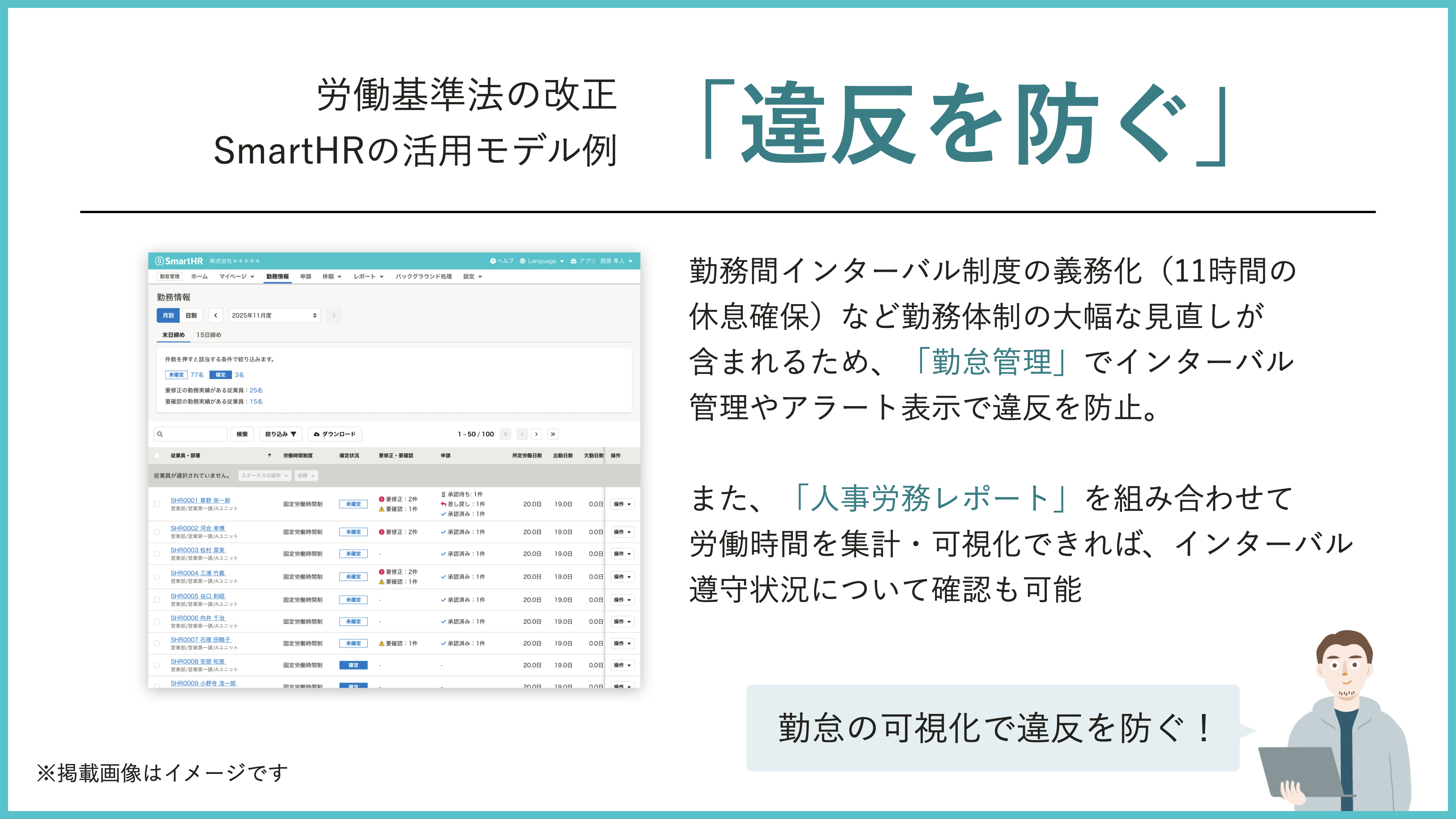 労働基準法の改正 SmartHRの活用モデル例「違反を防ぐ」。勤務間インターバル制度の義務化（11時間の休息確保）など勤務体制の大幅な見直しが含まれるため、「勤怠管理」でインターバル管理やアラート表示をして違反を防止。また、「人事労務レポート」を組み合わせて労働時間を集計・可視化できれば、インターバル遵守状況について確認も可能。勤怠の可視化で違反を防ぐ。
