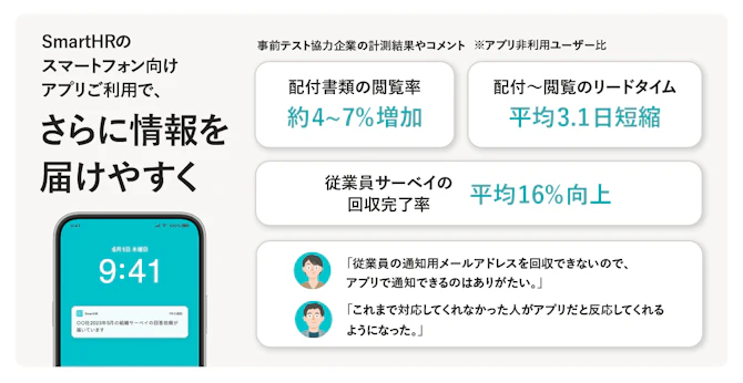 SmartHRのスマートフォン向けアプリの利用で、さらに情報と届けやすくなった事例の紹介図