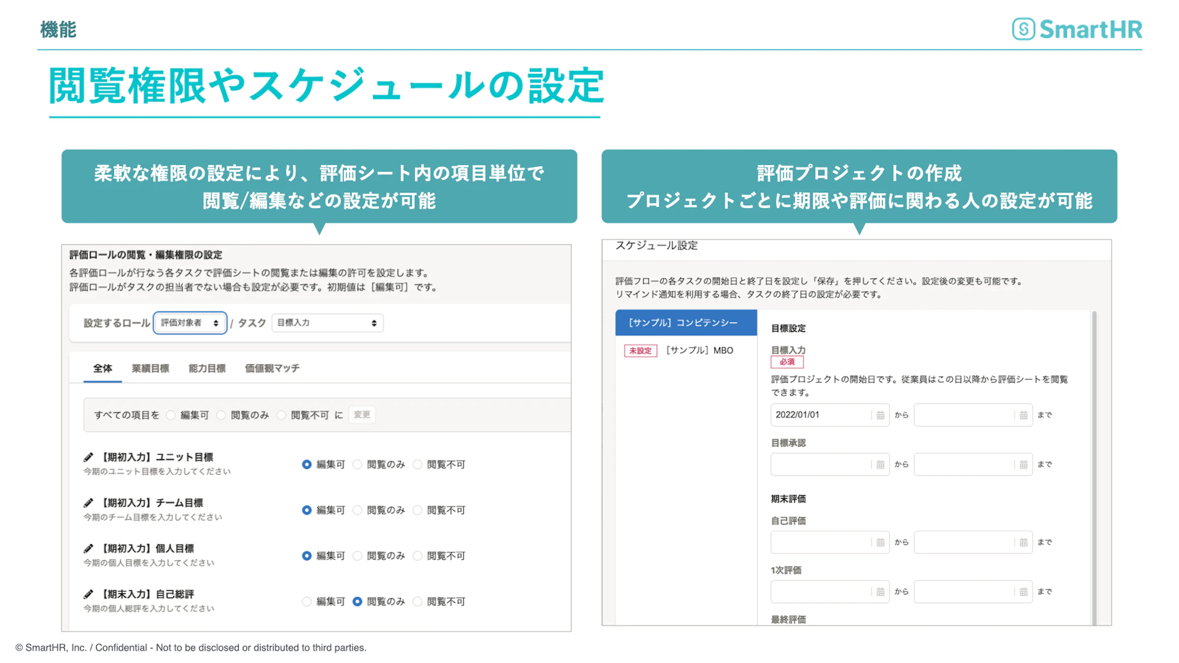 smartHR「人事評価」機能のご利用イメージ　閲覧権限やスケジュールの設定