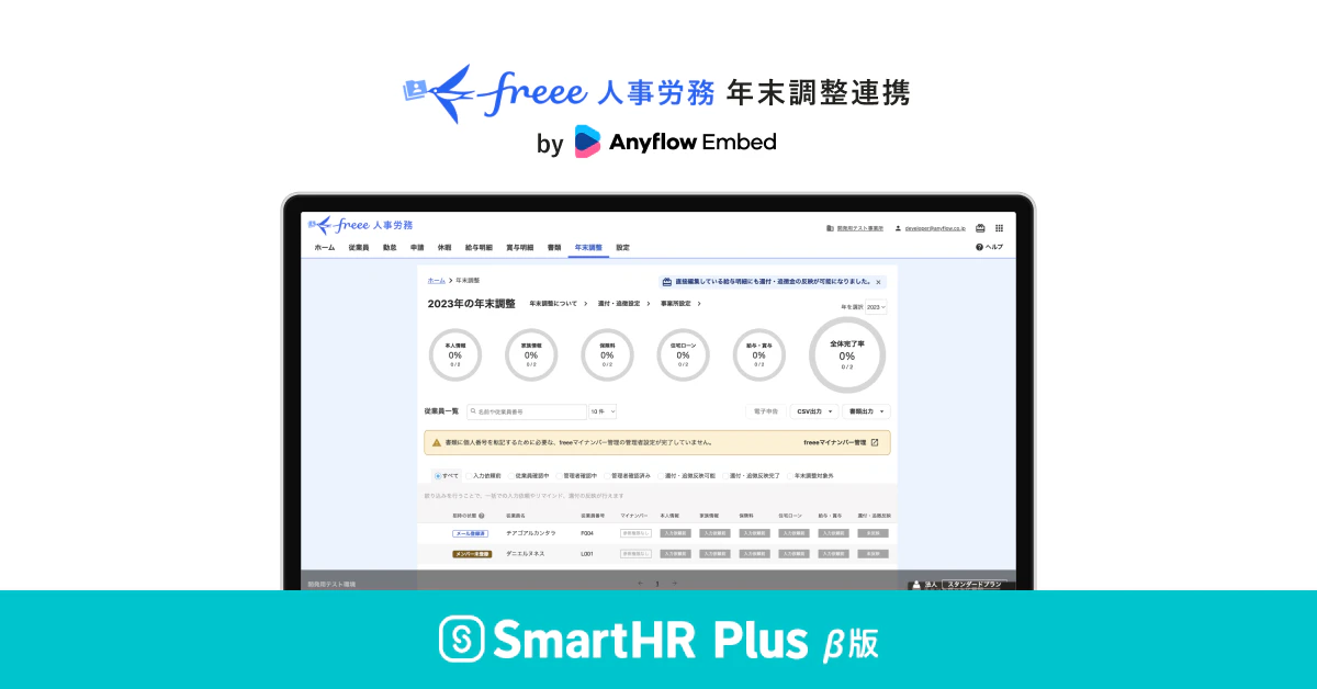 freee人事労務　年末調整連携　by Anyflow Embedのロゴ、実際の利用画面イメージ、SmartHR Plus β版のロゴがあるアイキャッチ画像