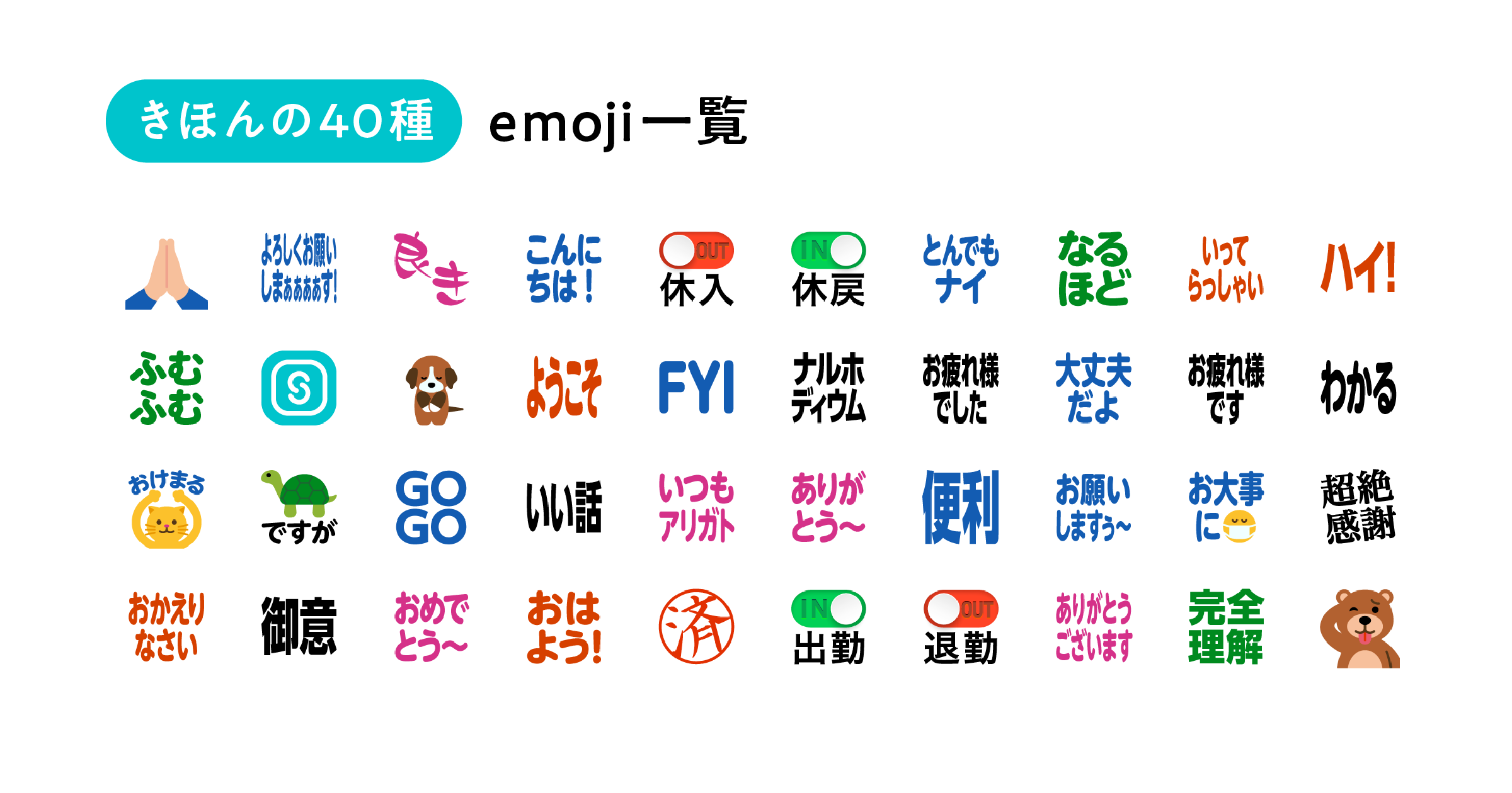 「きほんの40種 emoji一覧」という見出しの画像。様々な表情の絵文字やアイコンと、「よろしくお願いしぁぁぁぁす！」「お疲れ様でした」「便利」などのテキストがセットになったスタンプが40種並んでいる。