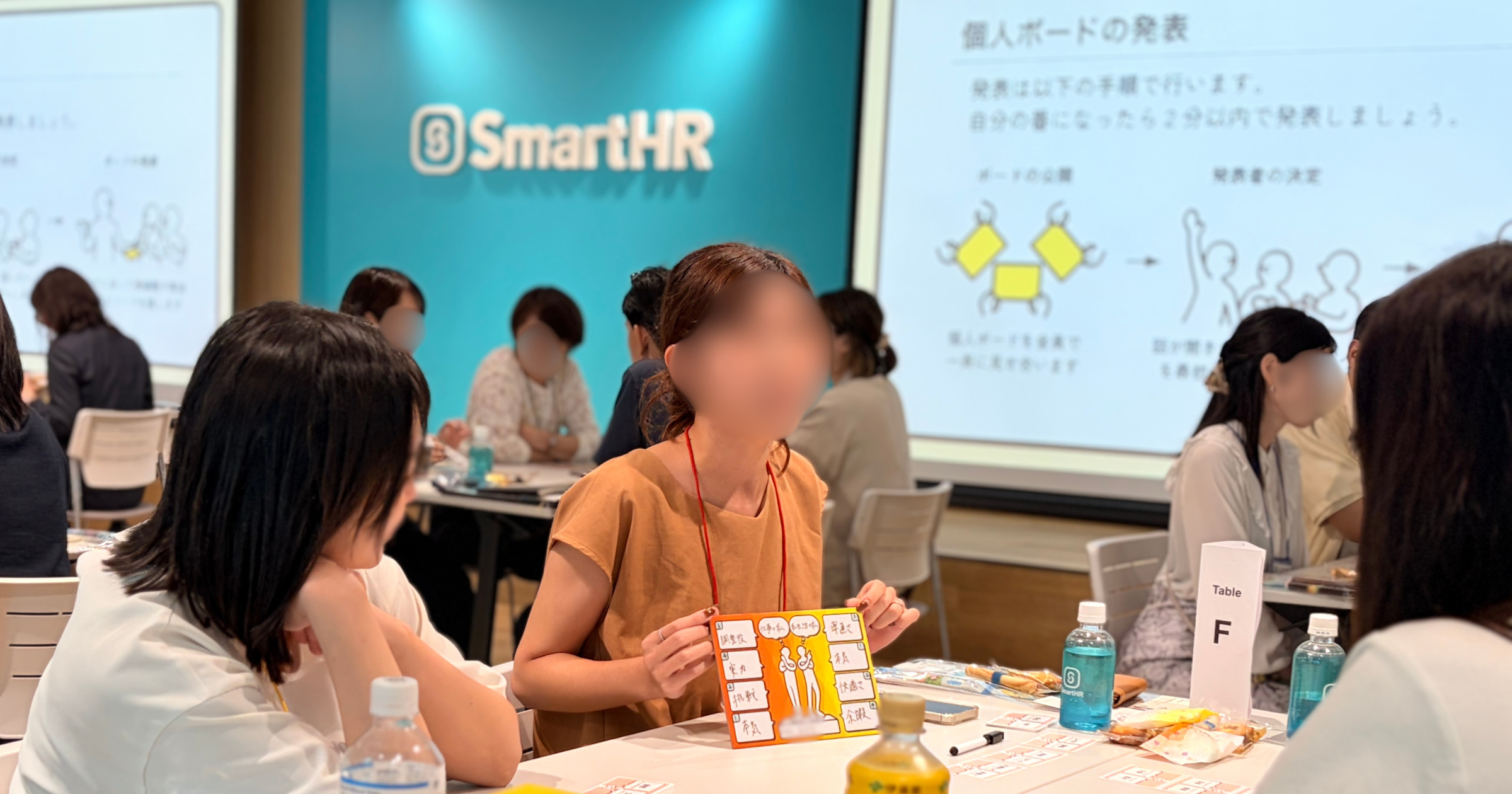 SmartHRのロゴがある部屋で、スクリーンを背にテーブルを囲み、ボードを使ってグループワークをしている人たち