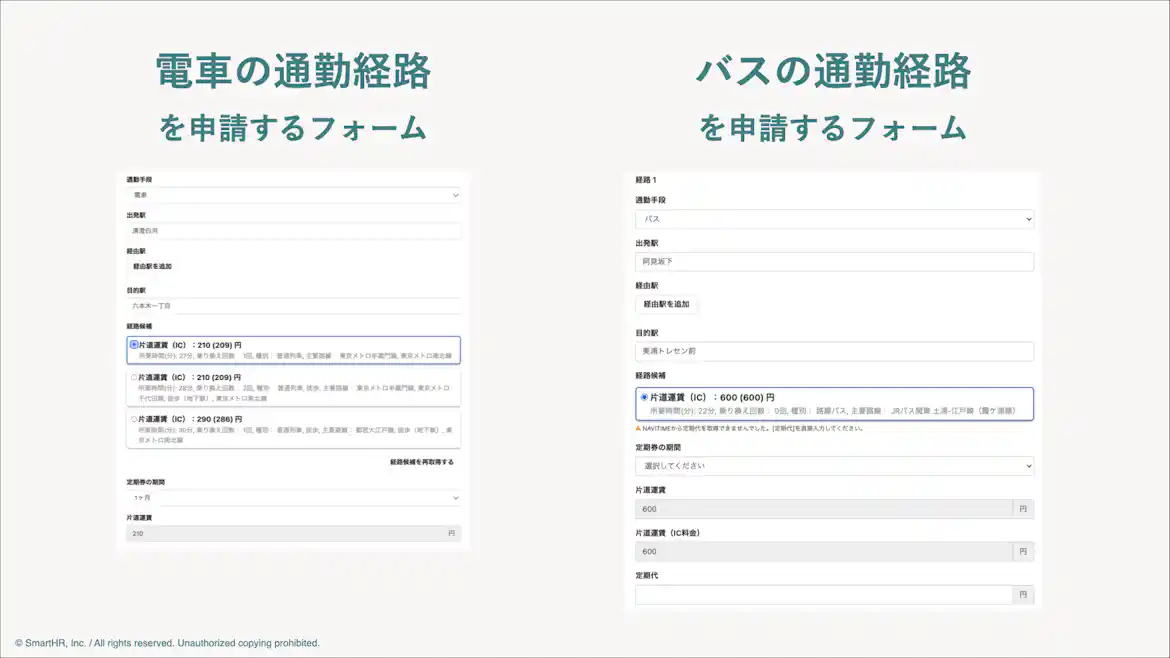 電車、バスそれぞれを申請するフォームの画像。