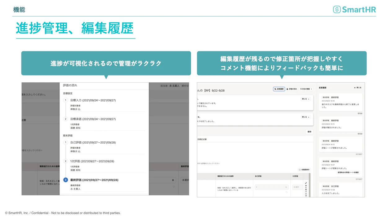 smartHR「人事評価」機能のご利用イメージ　進捗管理、編集履歴
