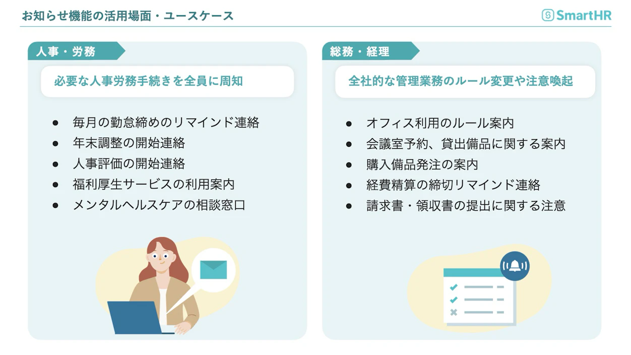 人事・労務と総務・経理におけるお知らせ機能のユースケースの解説図