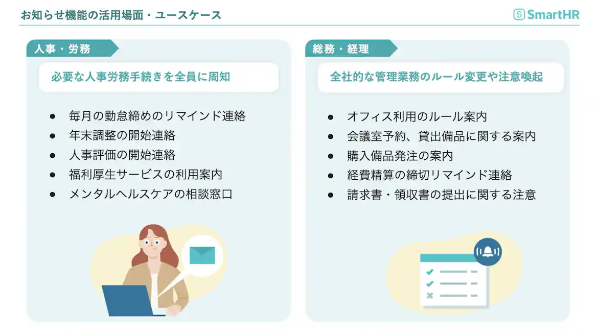 人事・労務と総務・経理におけるお知らせ機能のユースケースの解説図