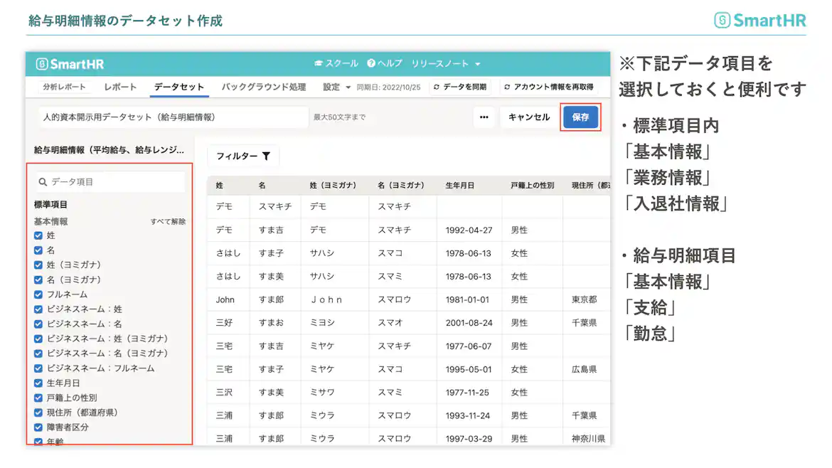給与明細情報のデータセット作成 このデータ項目を選択しておくと便利