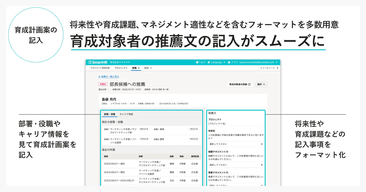 将来性や育成課題、マネジメント適性などを含むフォーマットを多数用意。育成対象者の推薦文の記入がスムーズ。育成計画案の記入フォーマットのイメージ画像。
