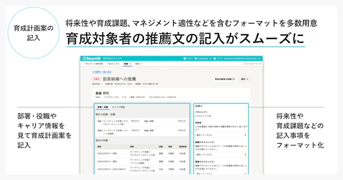 将来性や育成課題、マネジメント適性などを含むフォーマットを多数用意。育成対象者の推薦文の記入がスムーズ。育成計画案の記入フォーマットのイメージ画像。