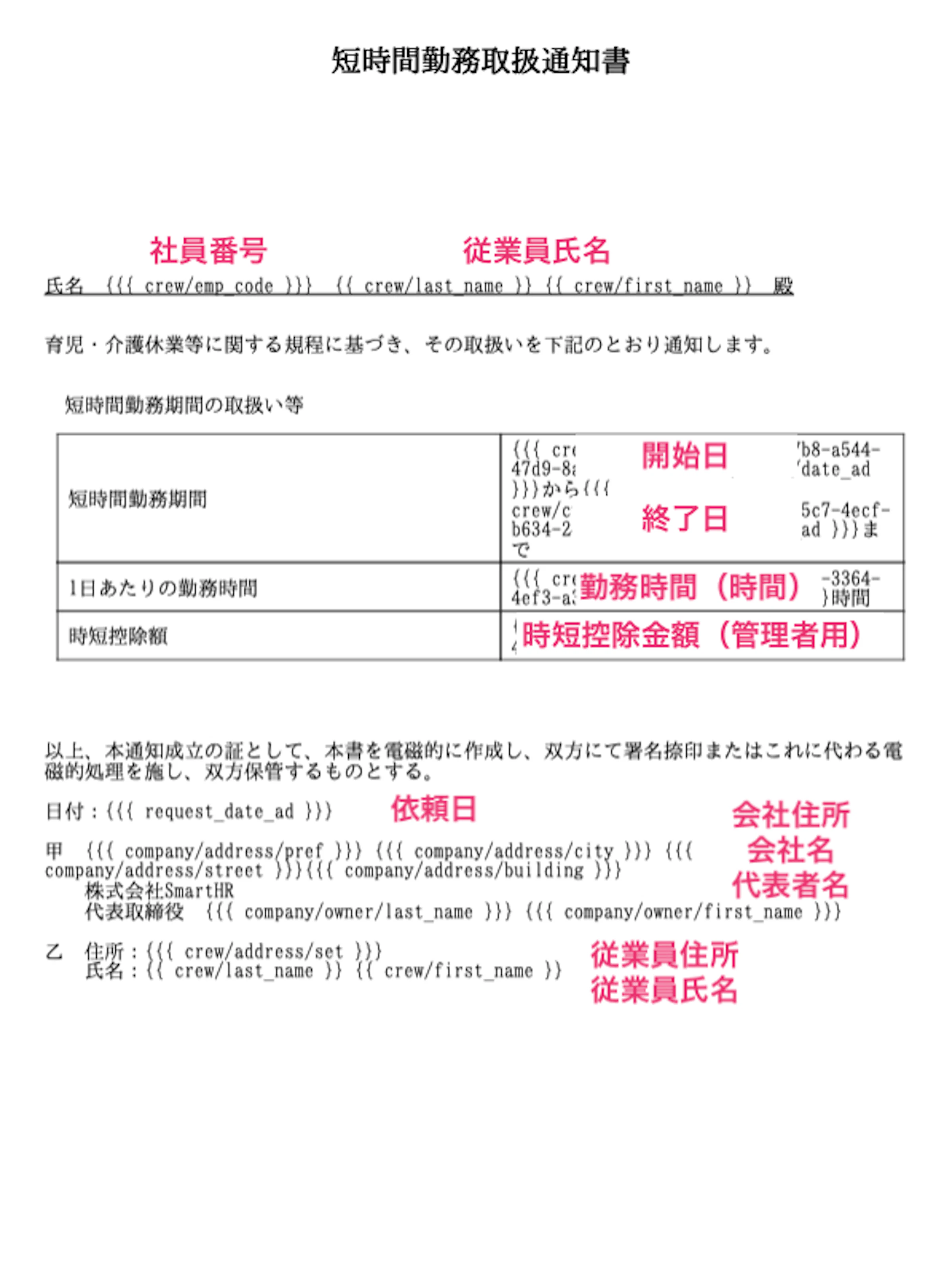 書類テンプレート設定画面