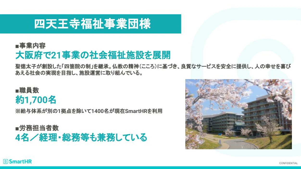 四天王寺福祉事業団体様についての概要。事業内容：大阪府で21事業の社会福祉施設を展開　職員数：約1700名　労務担当者数：4名／経理・総務等も兼務している