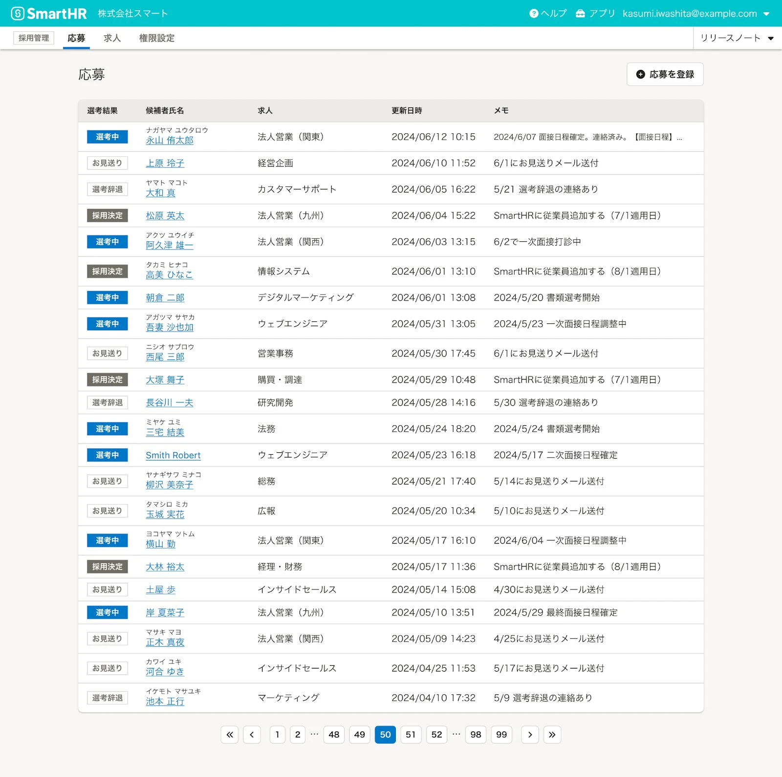 「採用管理」機能の応募者管理画面のイメージ。一覧で採用候補者が表示されており、それぞれの選考結果やメモなどが表示されている。