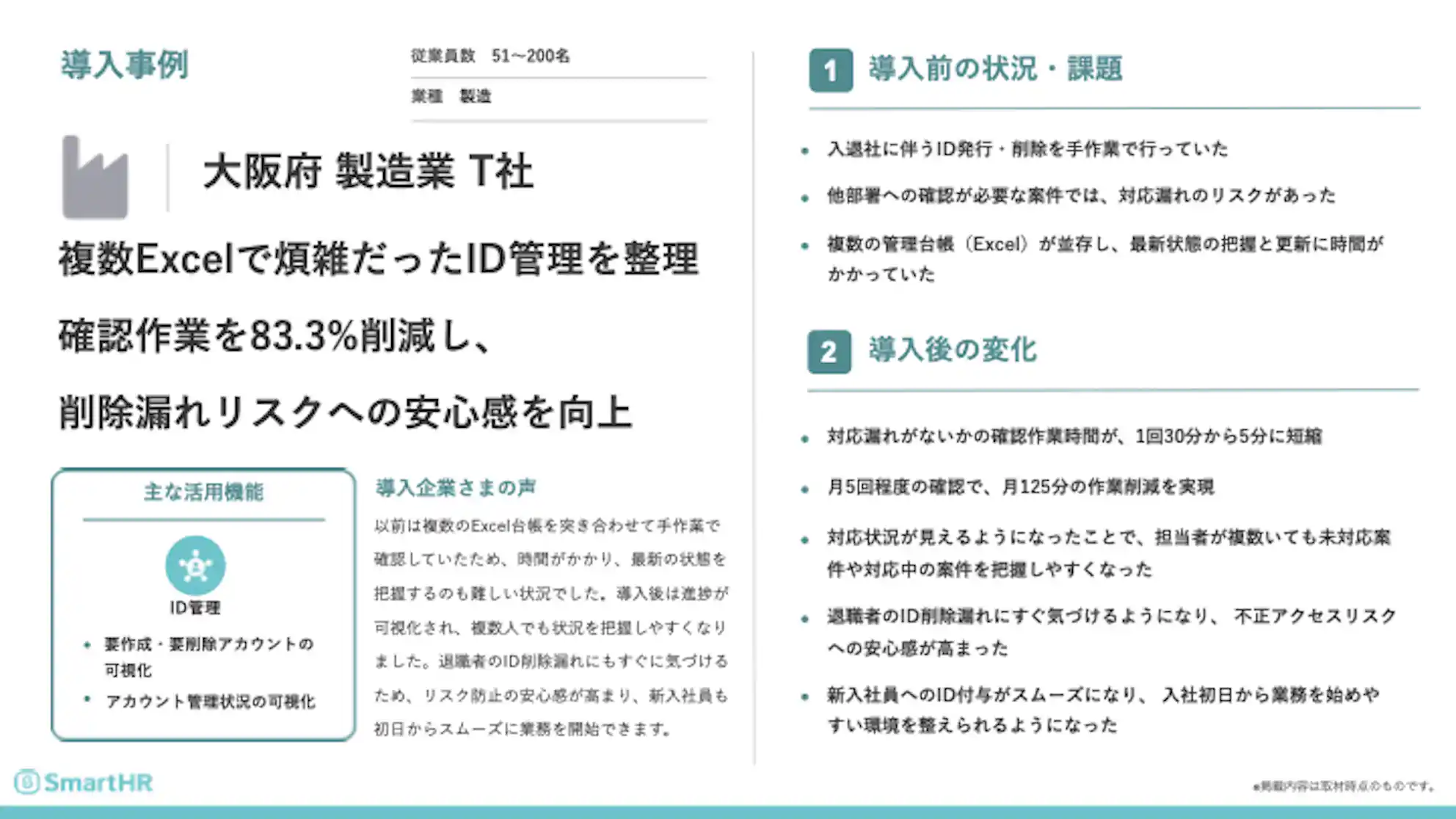 製造業T社の導入事例として、複数のExcelで管理していたID管理を一元化し、確認作業を83.3%削減、削除漏れリスクの軽減を実現した事例