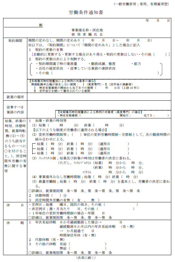 労働条件通知書のテンプレート画像。契約期間、就業の場所、業務内容、始業・終業時刻、休日、休暇などの項目が記載されている。