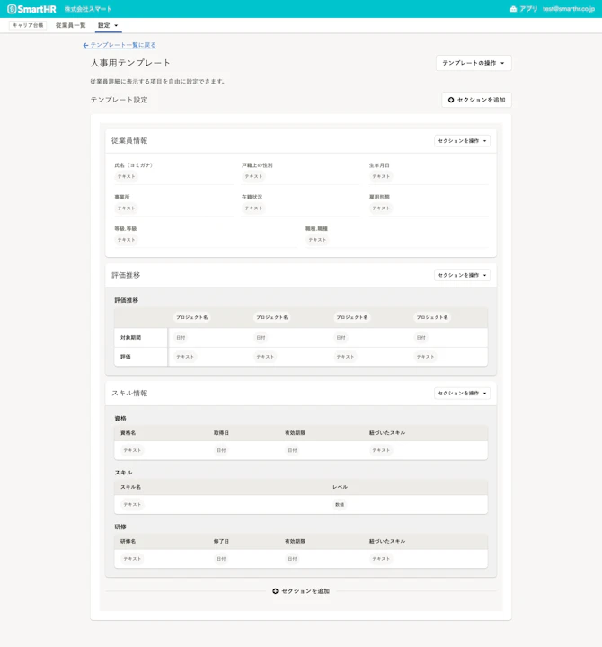 テンプレート設定表示画面が表示されている