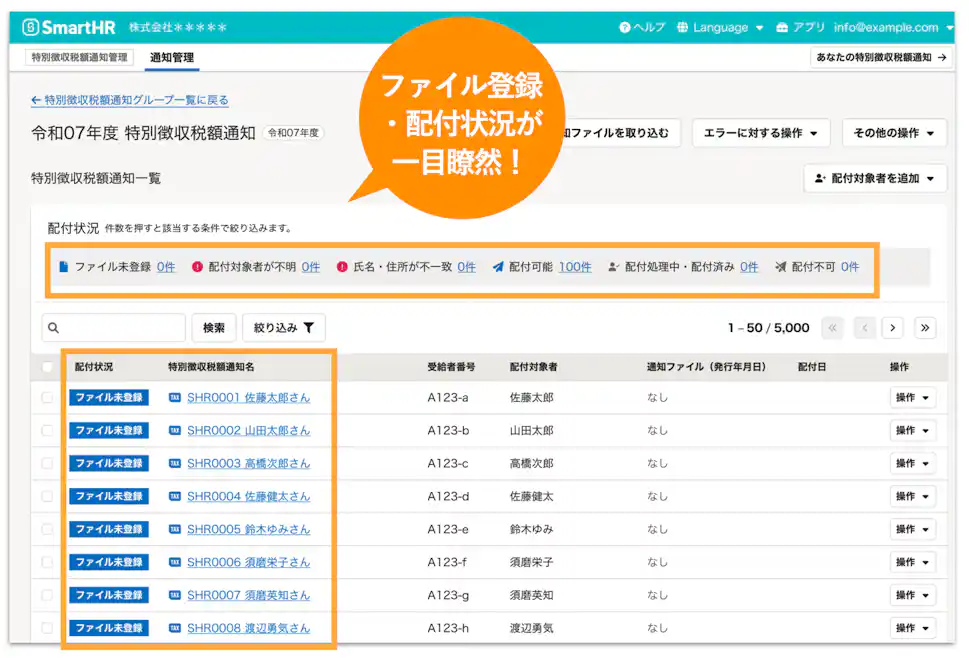SmartHRの特別徴収税額通知書管理画面。「ファイル登録・配付状況が一目瞭然!」という吹き出しがあり、従業員ごとの配付状況や通知書名が一覧で表示されている。