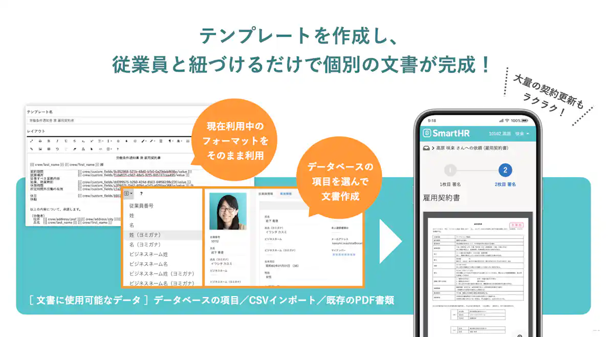 文書配付機能のサンプル画像。テンプレート作成画面で入力された関数をもとに、データベースから従業員情報がひっぱられ、雇用契約書の書面が完成している。