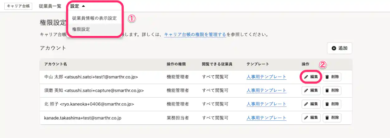 メモ・タグ機能を利用するための権限設定の画面