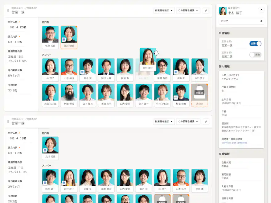 従業員のアイコンをドラッグ&ドロップで動かし、直感的な配置シミュレーションが可能