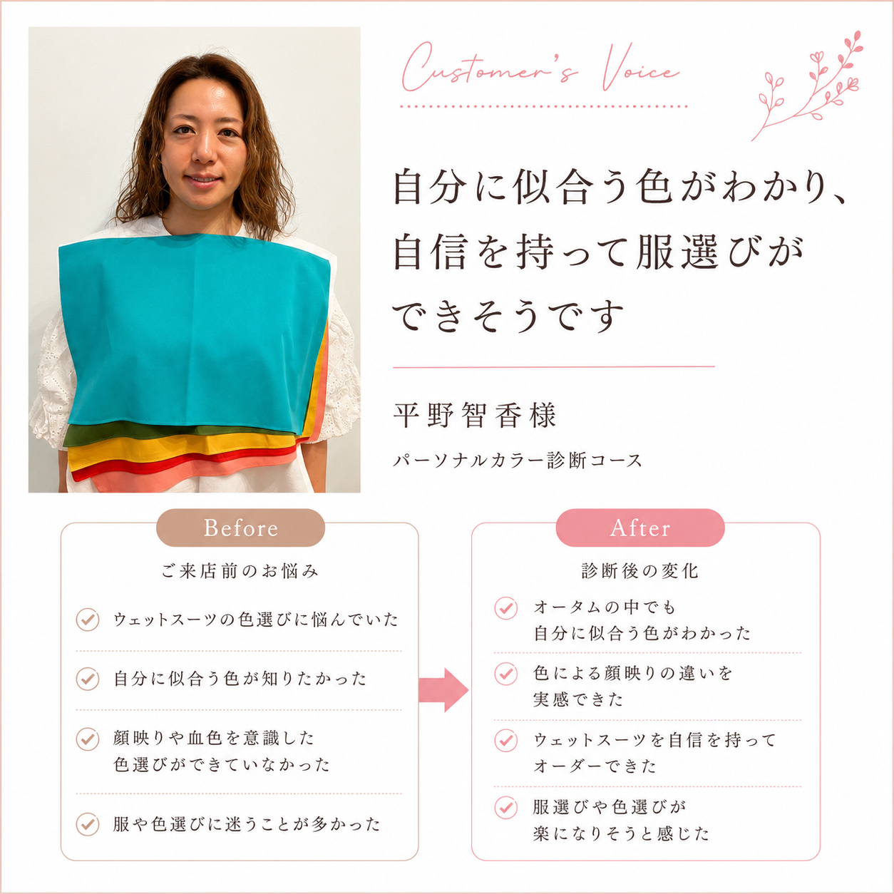 「自分に似合う色がわかり、自信を持って服選びができそうです」