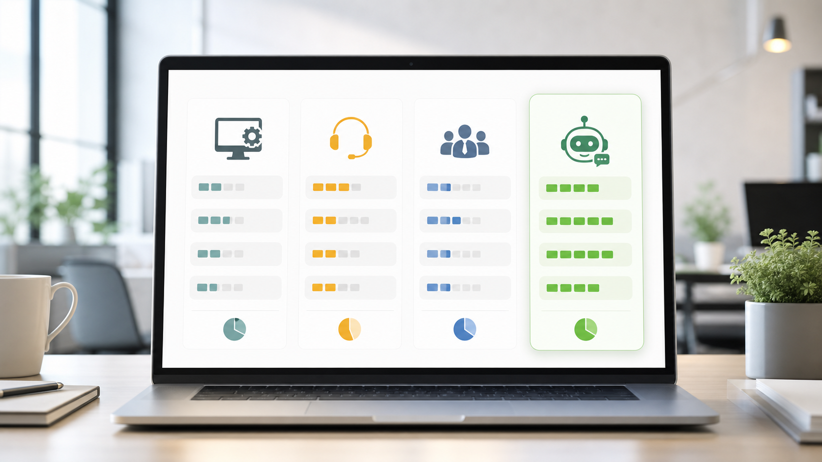 既存SaaS、BPO、人員追加、AIエージェントを比較する抽象的な業務ダッシュボード