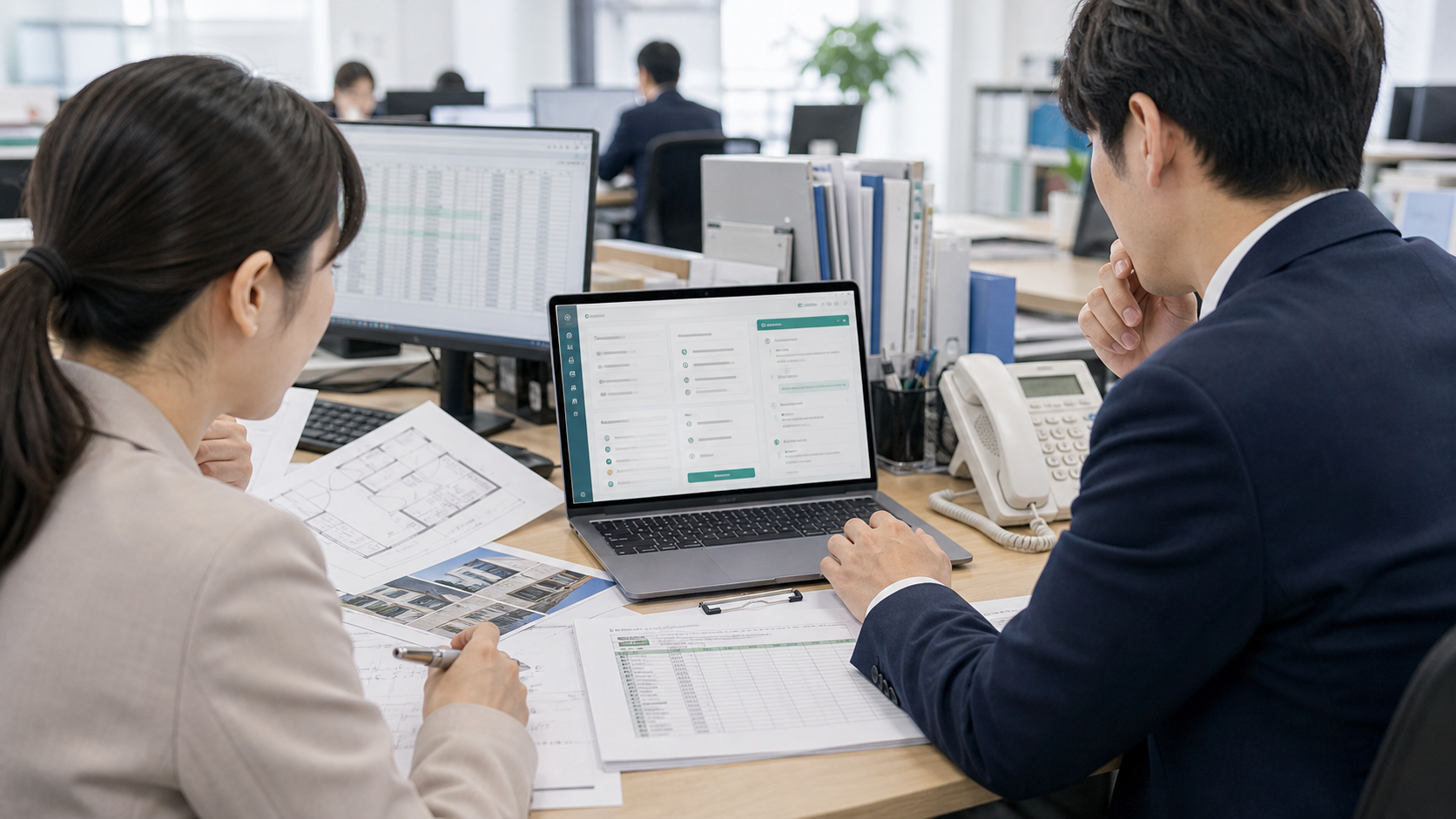 賃貸管理会社の担当者が基幹システム、紙資料、Excel、物件資料を確認しながらAI活用の準備を進める業務シーン