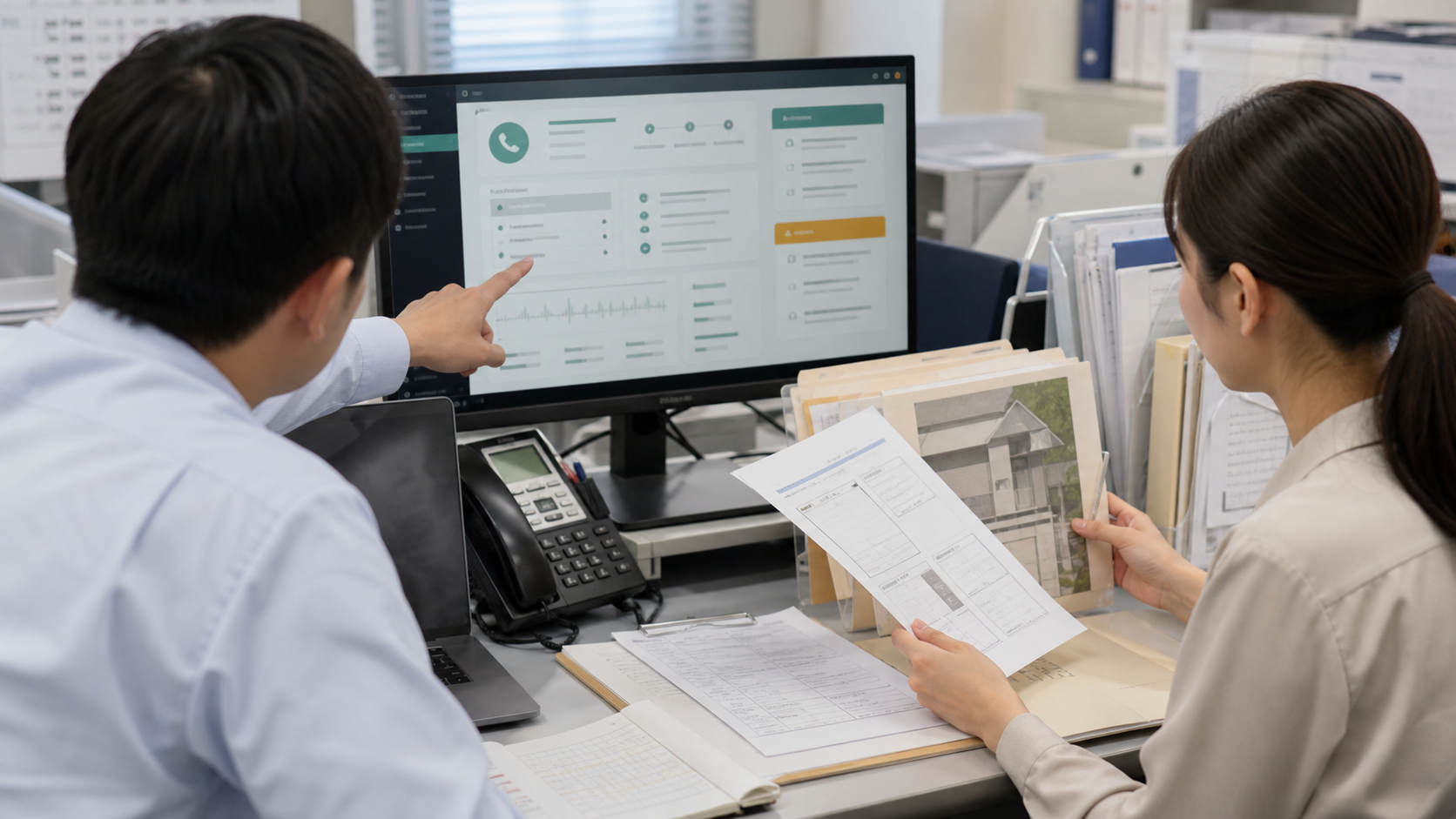 賃貸管理会社の担当者がAIの通話要約と物件資料を照合しながら引き継ぎ内容を確認する業務シーン
