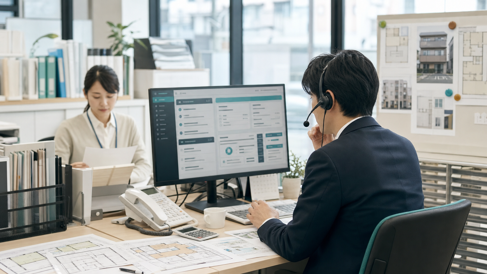 賃貸管理会社の担当者がAI一次対応画面を見ながらクレーム電話を受ける業務シーン
