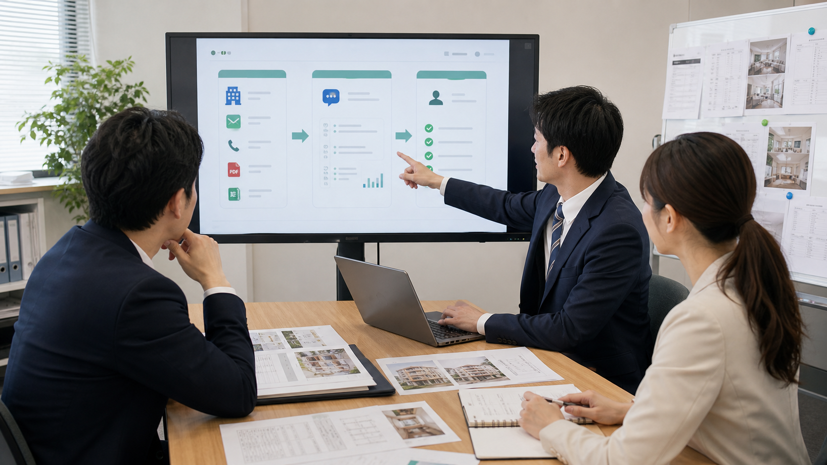 賃貸管理会社の会議室でAIが作る下準備と人間が確認判断する境界を画面で確認している業務シーン