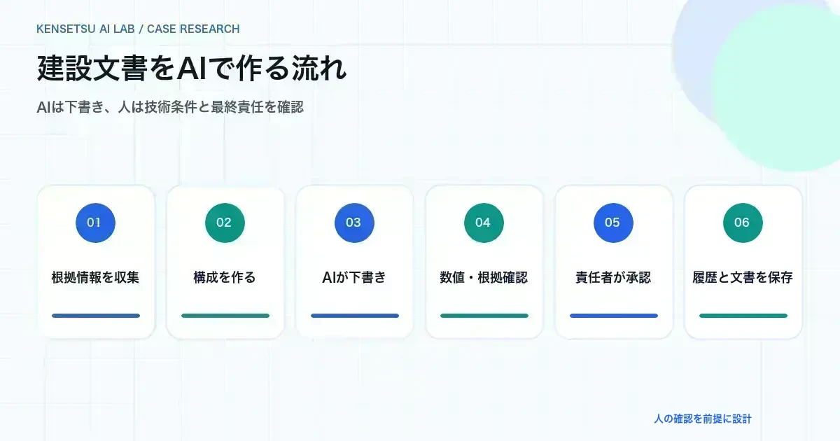 入力情報、構成、下書き、根拠確認、承認、保存の文書作成フロー