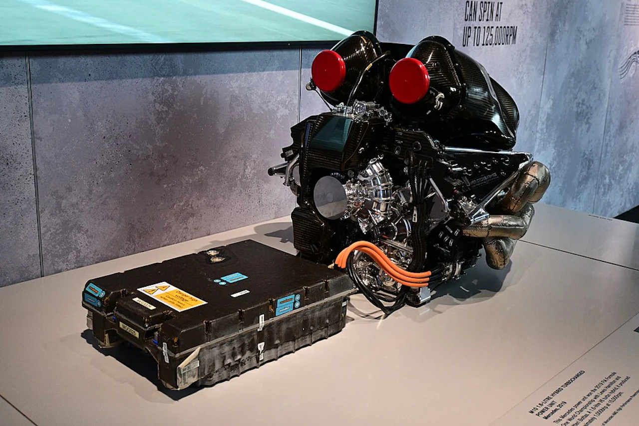 The 2019 Mercedes-AMG F1 M10 EQ Power+ power unit at the Formula 1 Exhibition in London.