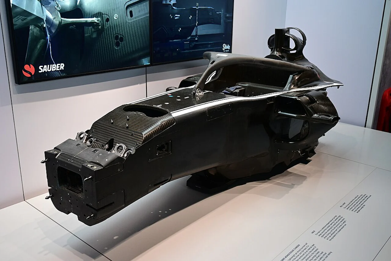 The bare carbon fibre monocoque chassis of an F1 car on display at the Formula 1 Exhibition in London.